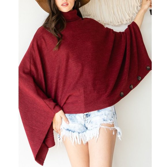 Dark Red Soft Brushed Turtle Neck Cape Sweater - Picture 5 of 6